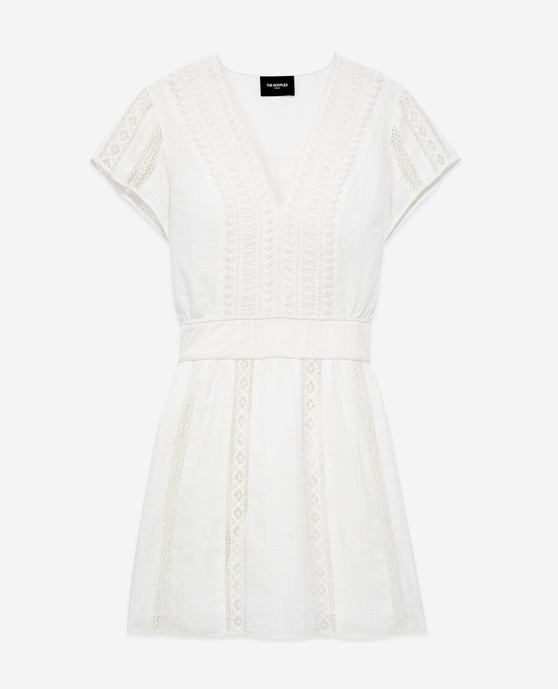 Robe Brodée Écrue Courte Détail Gallon - Femme