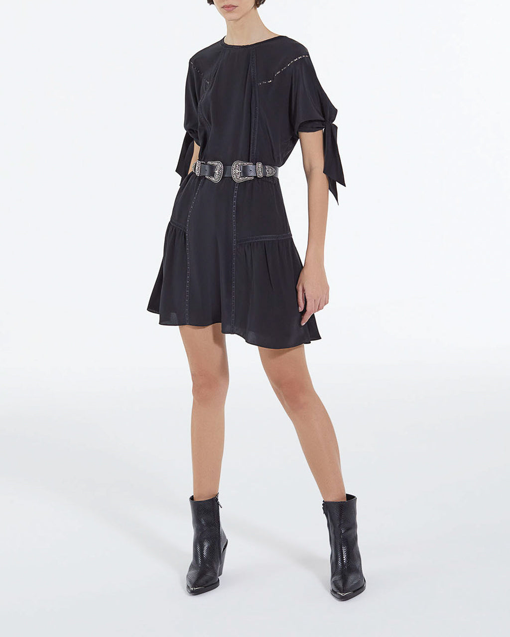 The Kooples - Short Black Silk Dress With Tie Sleeves - Women