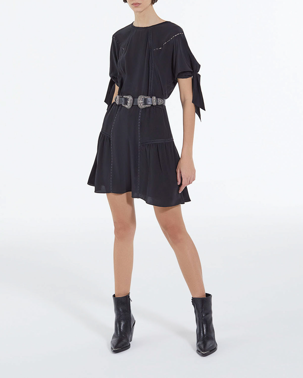 The Kooples - Short Black Silk Dress With Tie Sleeves - Women