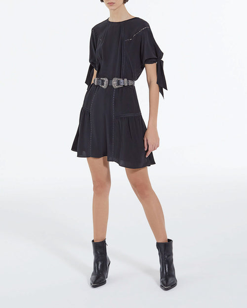 The Kooples - Vestido Corto De Seda Negro Con Mangas Lazadas - Mujer