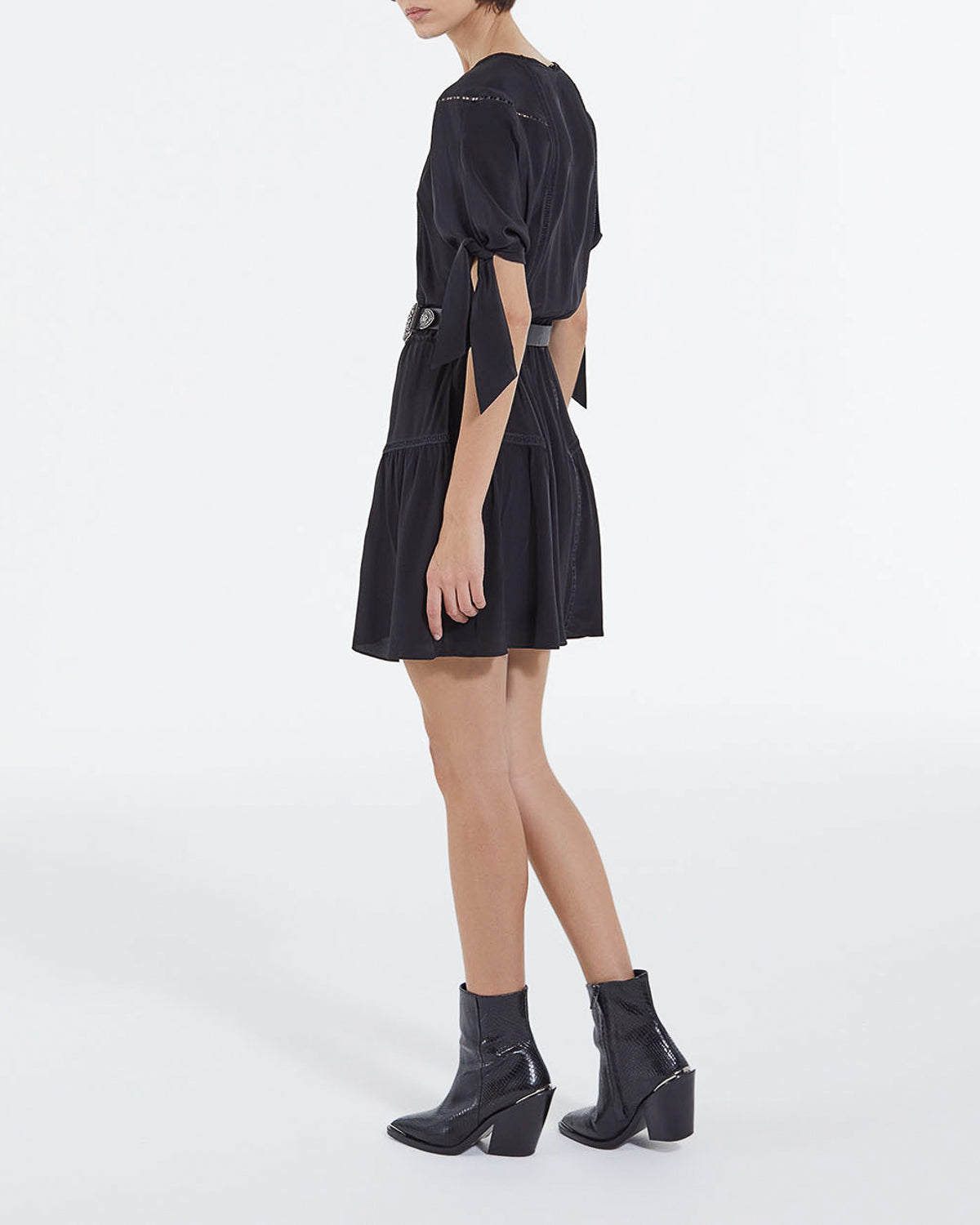 The Kooples - Short Black Silk Dress With Tie Sleeves - Women