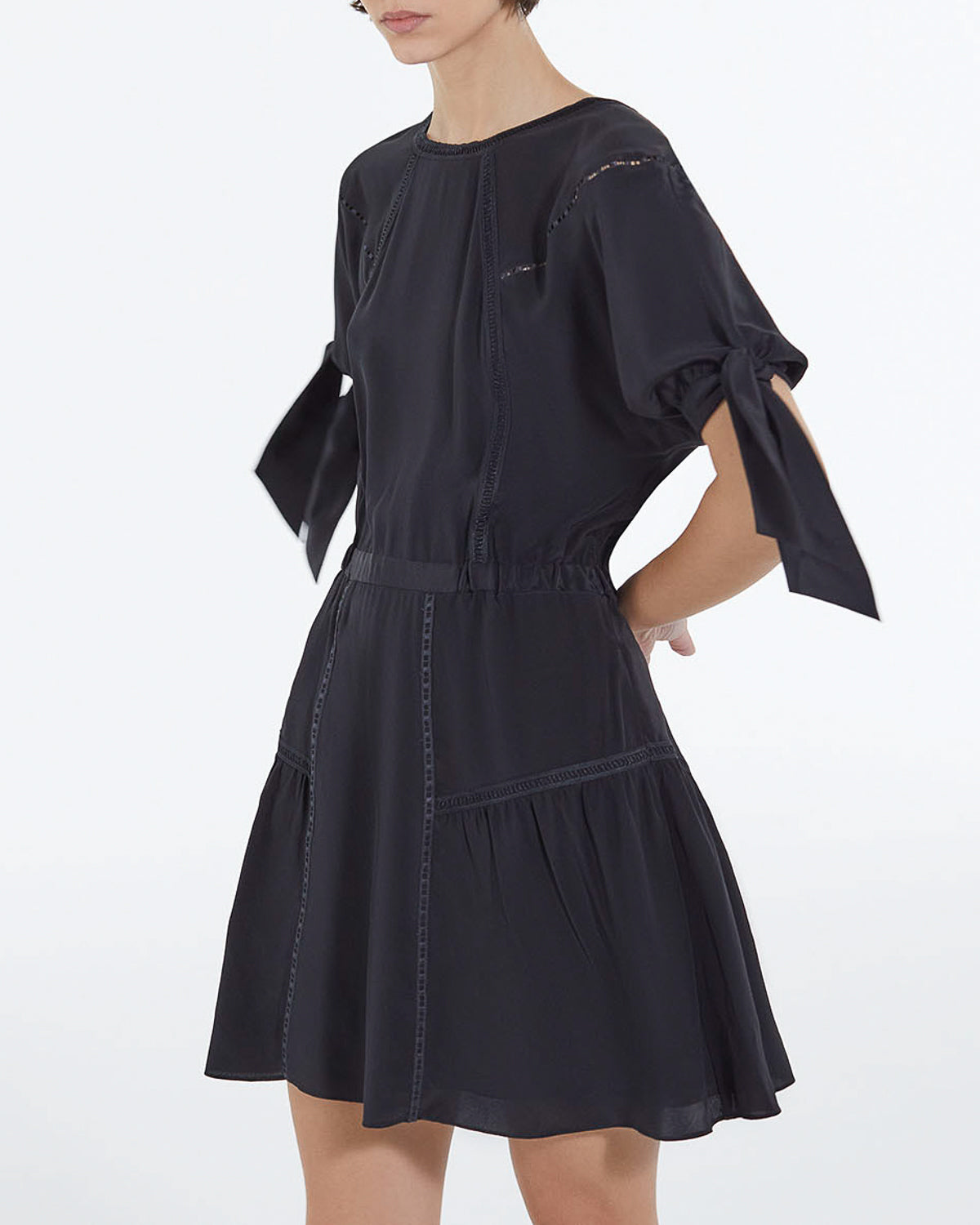 The Kooples - Short Black Silk Dress With Tie Sleeves - Women