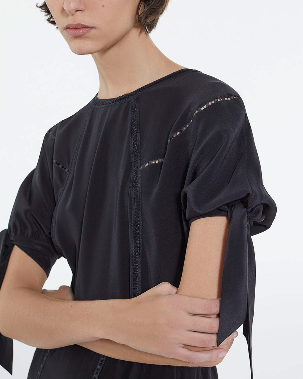 The Kooples - Short Black Silk Dress With Tie Sleeves - Women