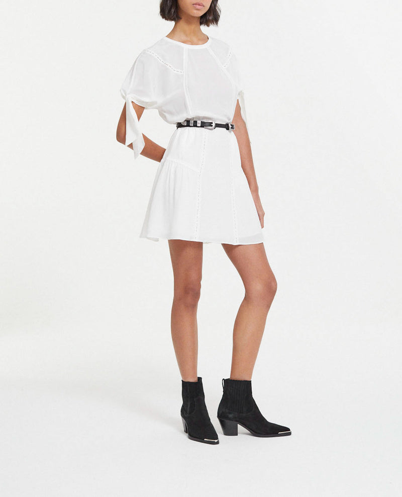 Robe Soie Blanche Courte À Manches Nouées - Femme