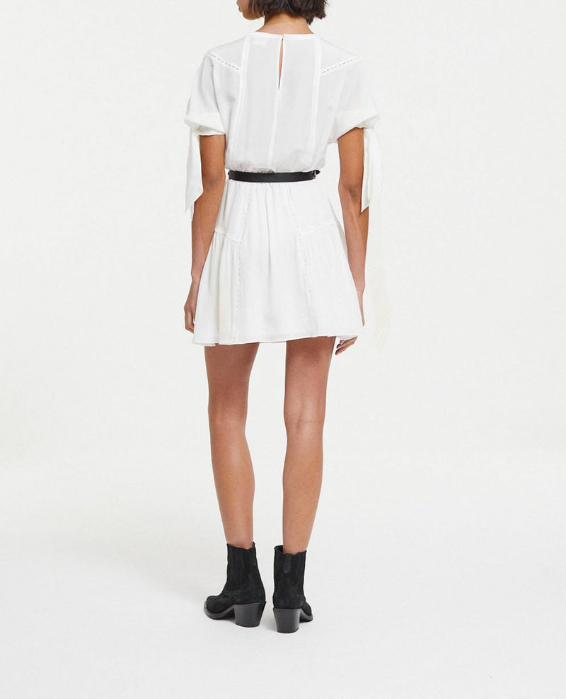 Robe Soie Blanche Courte À Manches Nouées - Femme