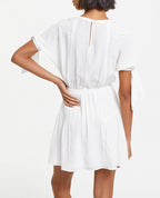 Vestido corto de seda blanco con mangas anudadas - Mujer