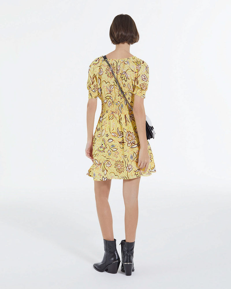 Robe Jaune À Fleurs Courte Manches Bouffantes - Femme