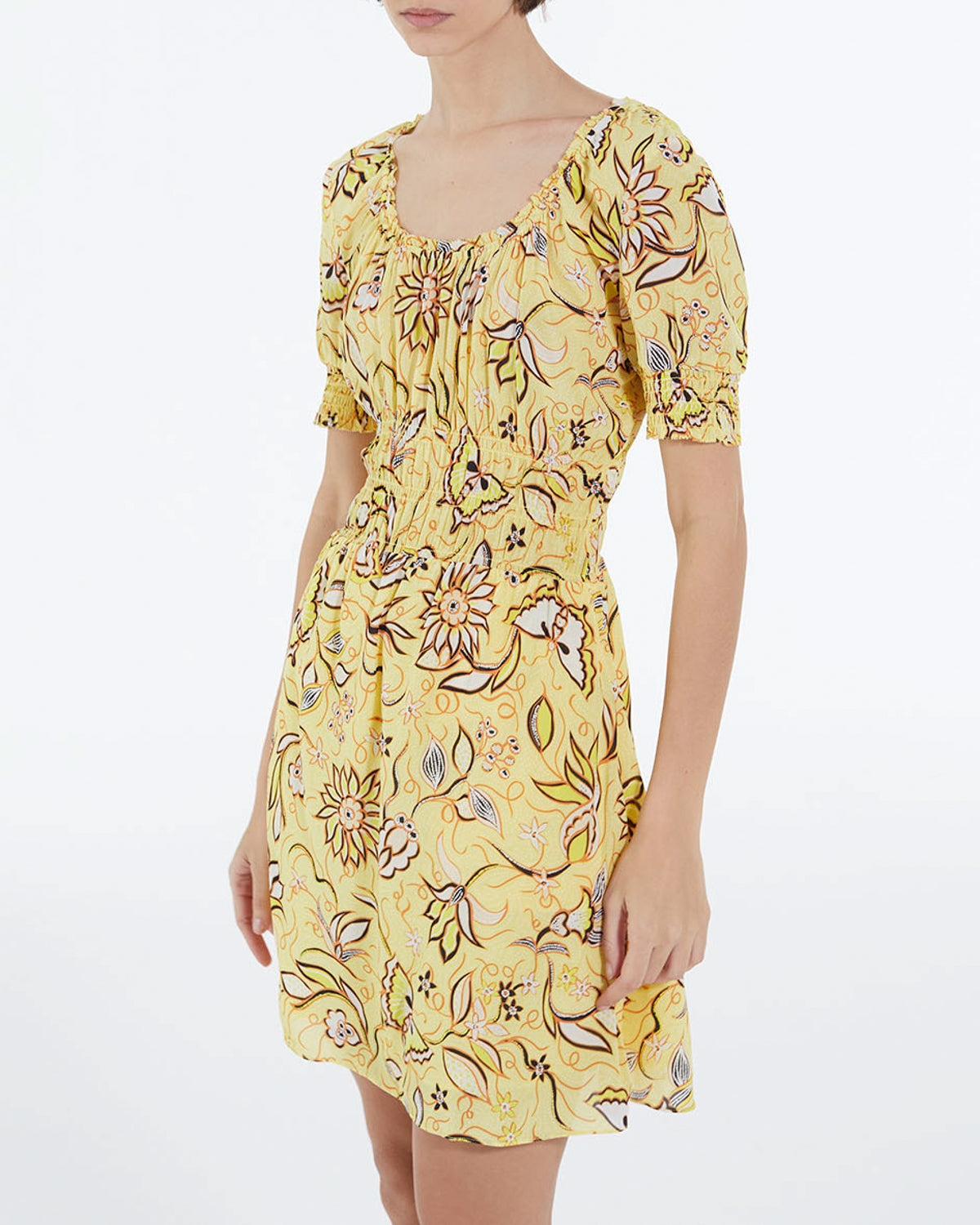 Yellow Floral Short Dress With Puff Sleeves - Women