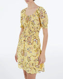 Robe Jaune À Fleurs Courte Manches Bouffantes - Femme