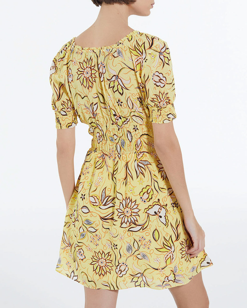 Yellow Floral Short Dress With Puff Sleeves - Women