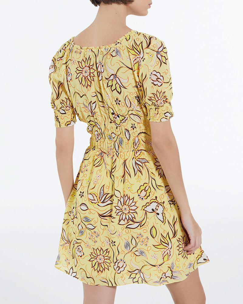 Robe Jaune À Fleurs Courte Manches Bouffantes - Femme