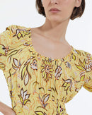 Robe Jaune À Fleurs Courte Manches Bouffantes - Femme