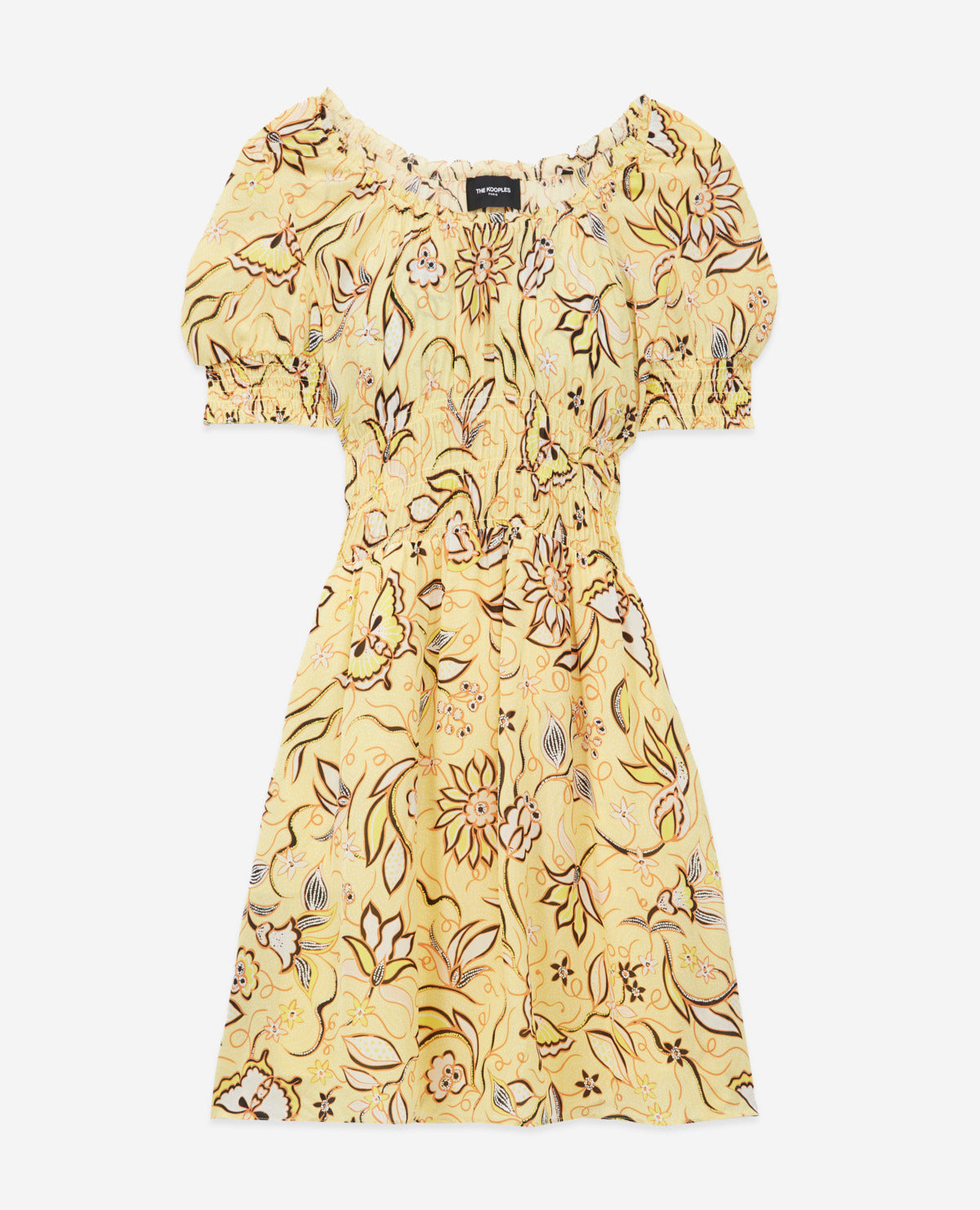 Yellow Floral Short Dress With Puff Sleeves - Women