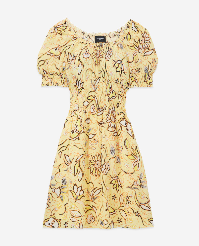Robe Jaune À Fleurs Courte Manches Bouffantes - Femme