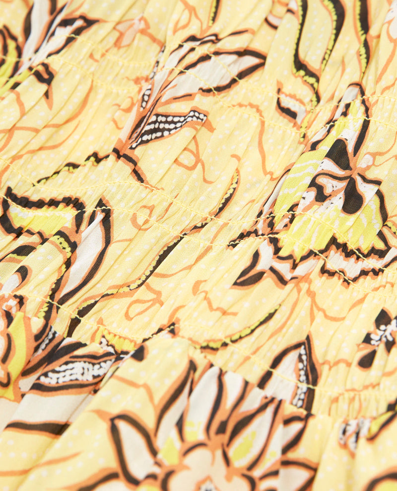 Robe Jaune À Fleurs Courte Manches Bouffantes - Femme