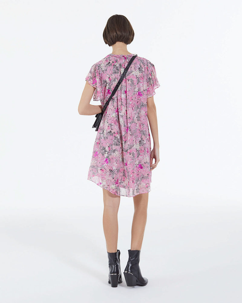 Vestido corto rosa con mangas con volantes estampados - Mujer