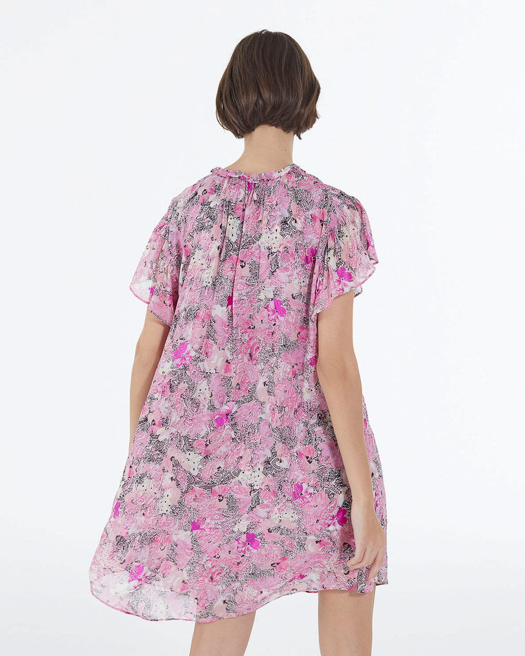 Short Pink Dress With Patterned Ruffle Sleeves - Women