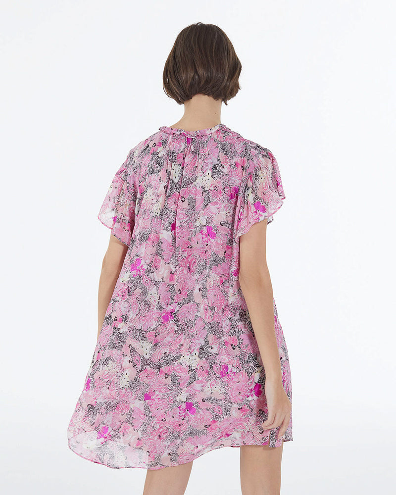 Vestido corto rosa con mangas con volantes estampados - Mujer