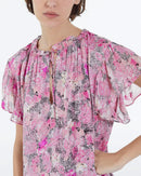 Vestido corto rosa con mangas con volantes estampados - Mujer