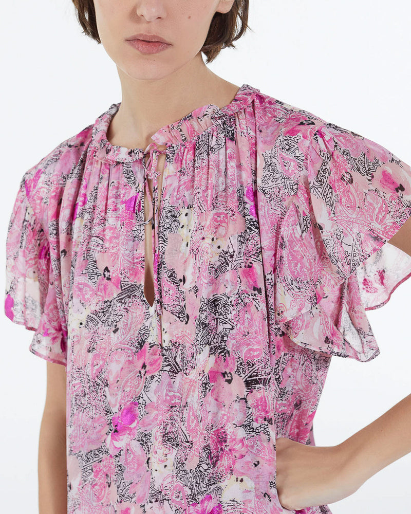 Vestido corto rosa con mangas con volantes estampados - Mujer