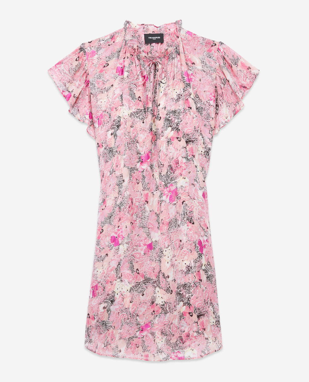 Short Pink Dress With Patterned Ruffle Sleeves - Women