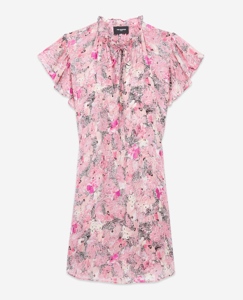 Vestido corto rosa con mangas con volantes estampados - Mujer
