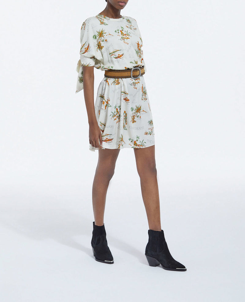 Vestido blanco de manga corta con estampado hawaiano - Mujer