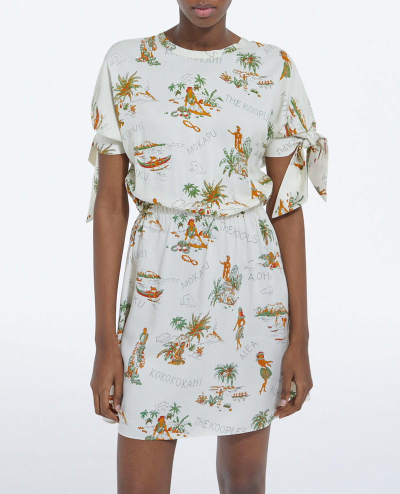 Vestido blanco de manga corta con estampado hawaiano - Mujer