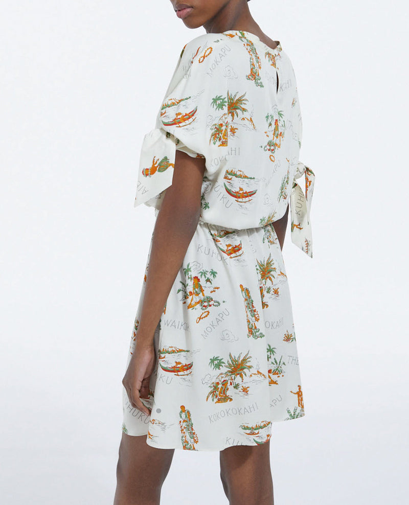Vestido blanco de manga corta con estampado hawaiano - Mujer