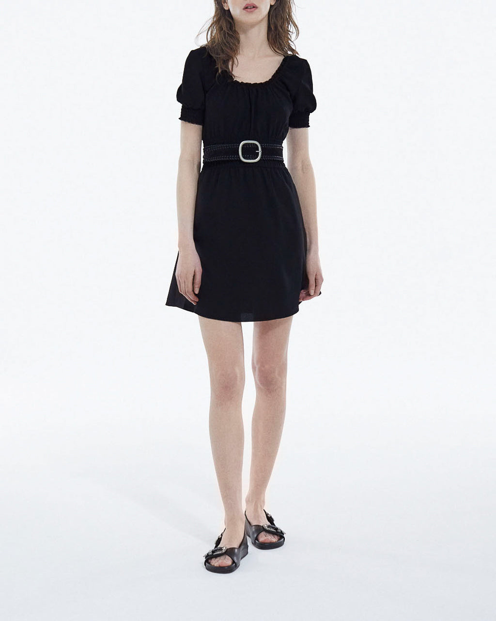 Lightweight Black Short Dress with Puff Sleeves - Women