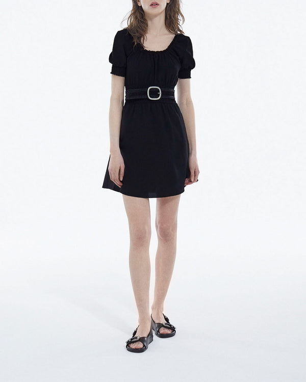 Lightweight Black Short Dress with Puff Sleeves - Women