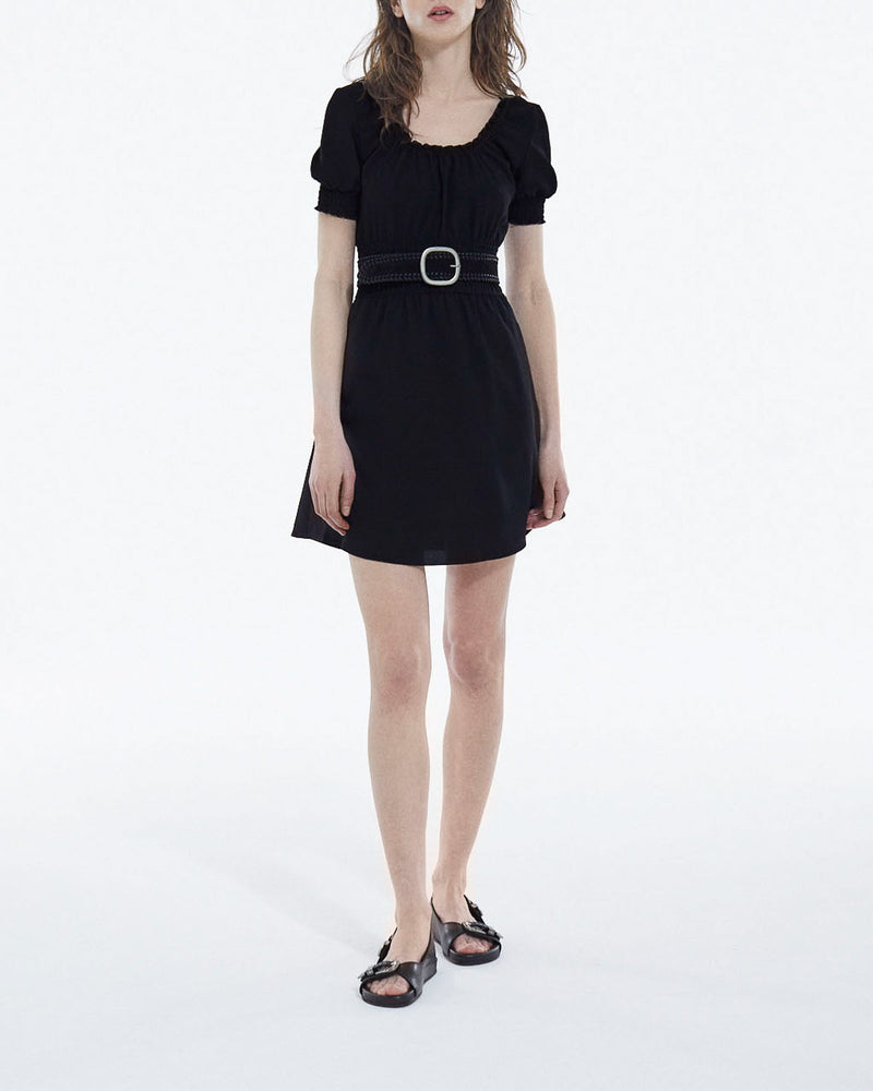 Vestido corto ligero negro con mangas abullonadas - Mujer