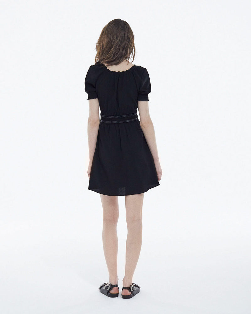 Vestido corto ligero negro con mangas abullonadas - Mujer