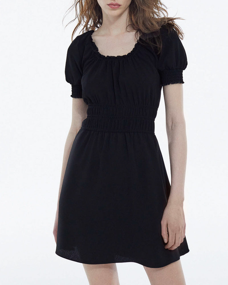 Vestido corto ligero negro con mangas abullonadas - Mujer