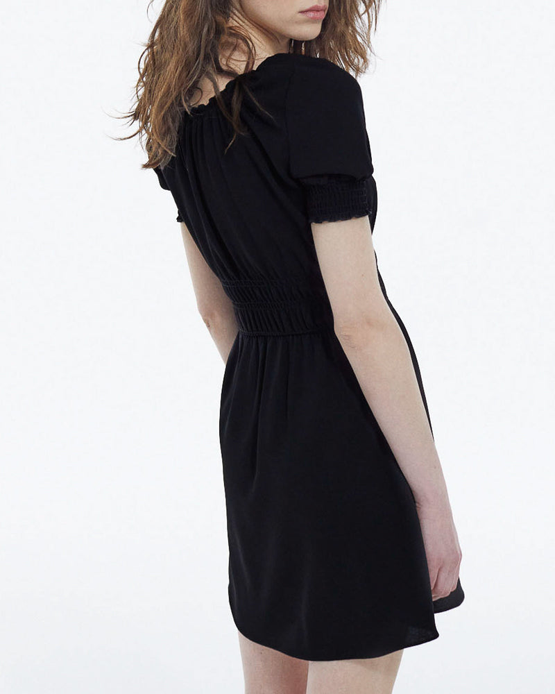 Vestido corto ligero negro con mangas abullonadas - Mujer