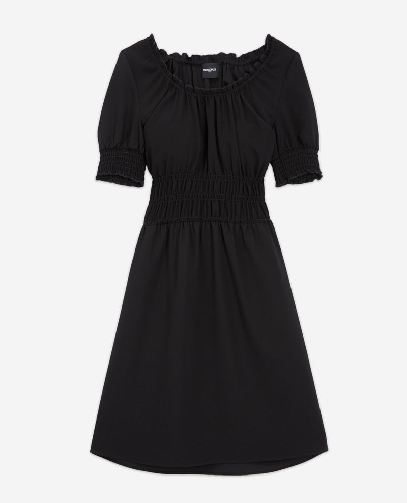 Vestido corto ligero negro con mangas abullonadas - Mujer