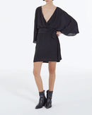 Robe Courte Kimono Ceinturée En Viscose Soie - Noir - Femme