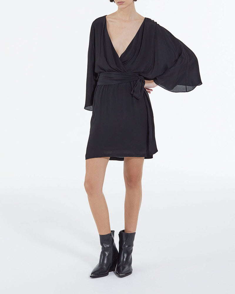 Robe Courte Kimono Ceinturée En Viscose Soie - Noir - Femme