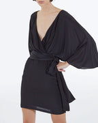 The Kooples - Robe Courte Kimono Ceinturée En Viscose Soie - Noir - Femme