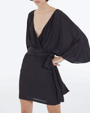 Robe Courte Kimono Ceinturée En Viscose Soie - Noir - Femme