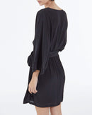 Robe Courte Kimono Ceinturée En Viscose Soie - Noir - Femme