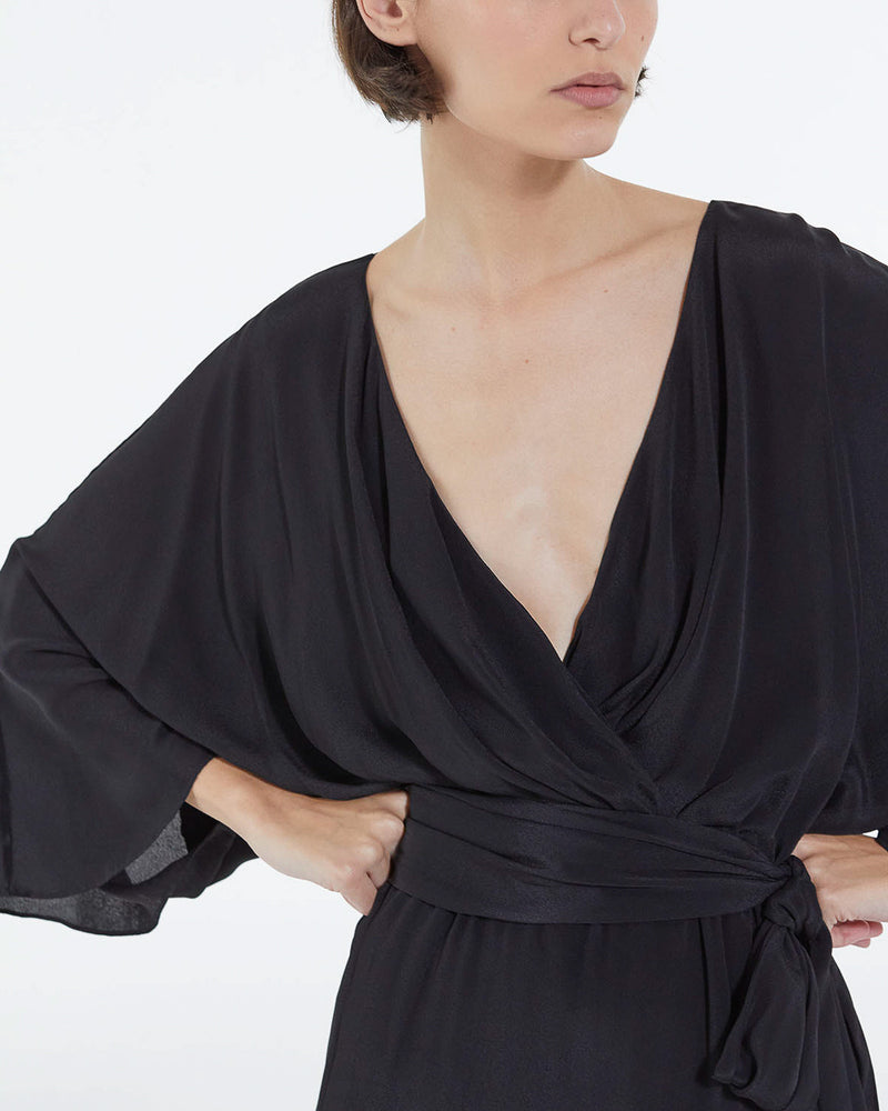 Robe Courte Kimono Ceinturée En Viscose Soie - Noir - Femme