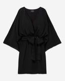 Robe Courte Kimono Ceinturée En Viscose Soie - Noir - Femme