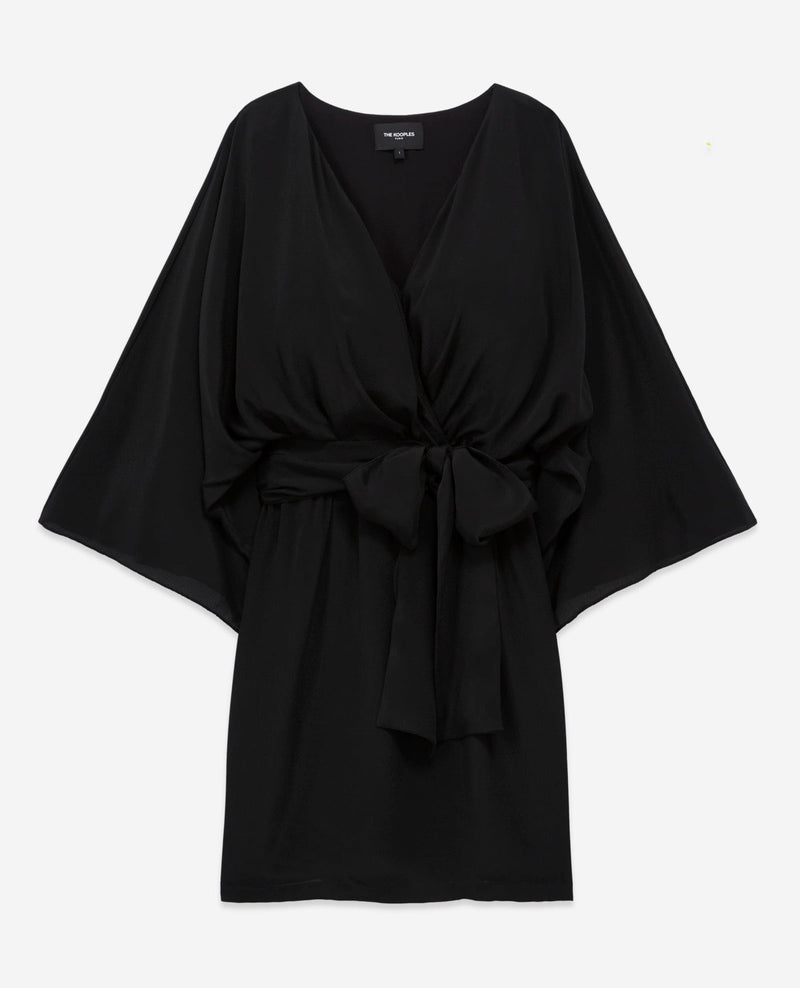 Robe Courte Kimono Ceinturée En Viscose Soie - Noir - Femme