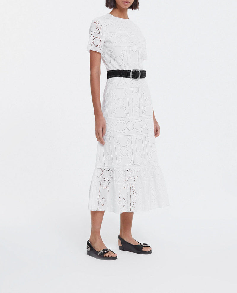 Robe Longue Brodée Coton Blanche Col Rond - Femme