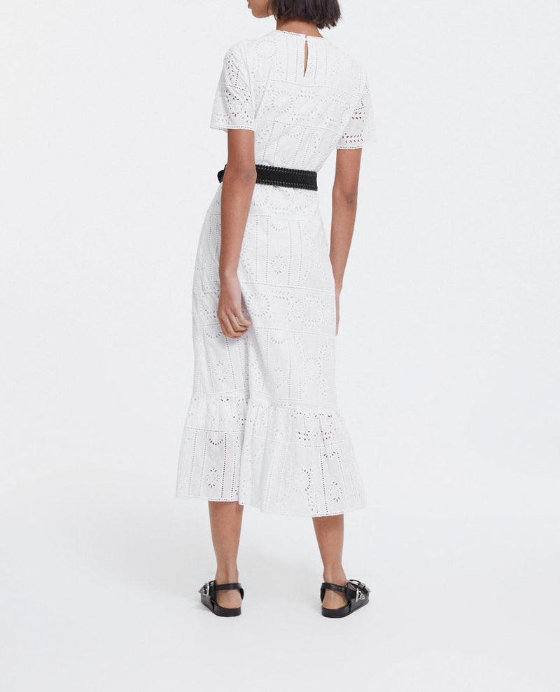 Robe Longue Brodée Coton Blanche Col Rond - Femme