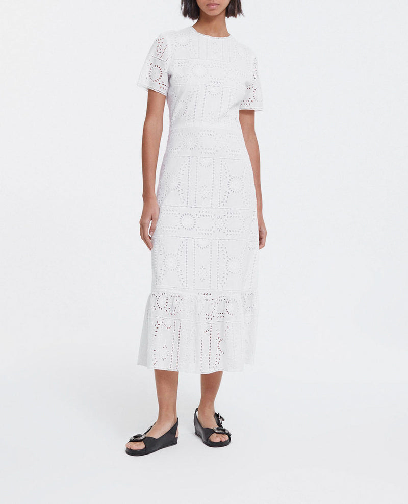 Robe Longue Brodée Coton Blanche Col Rond - Femme