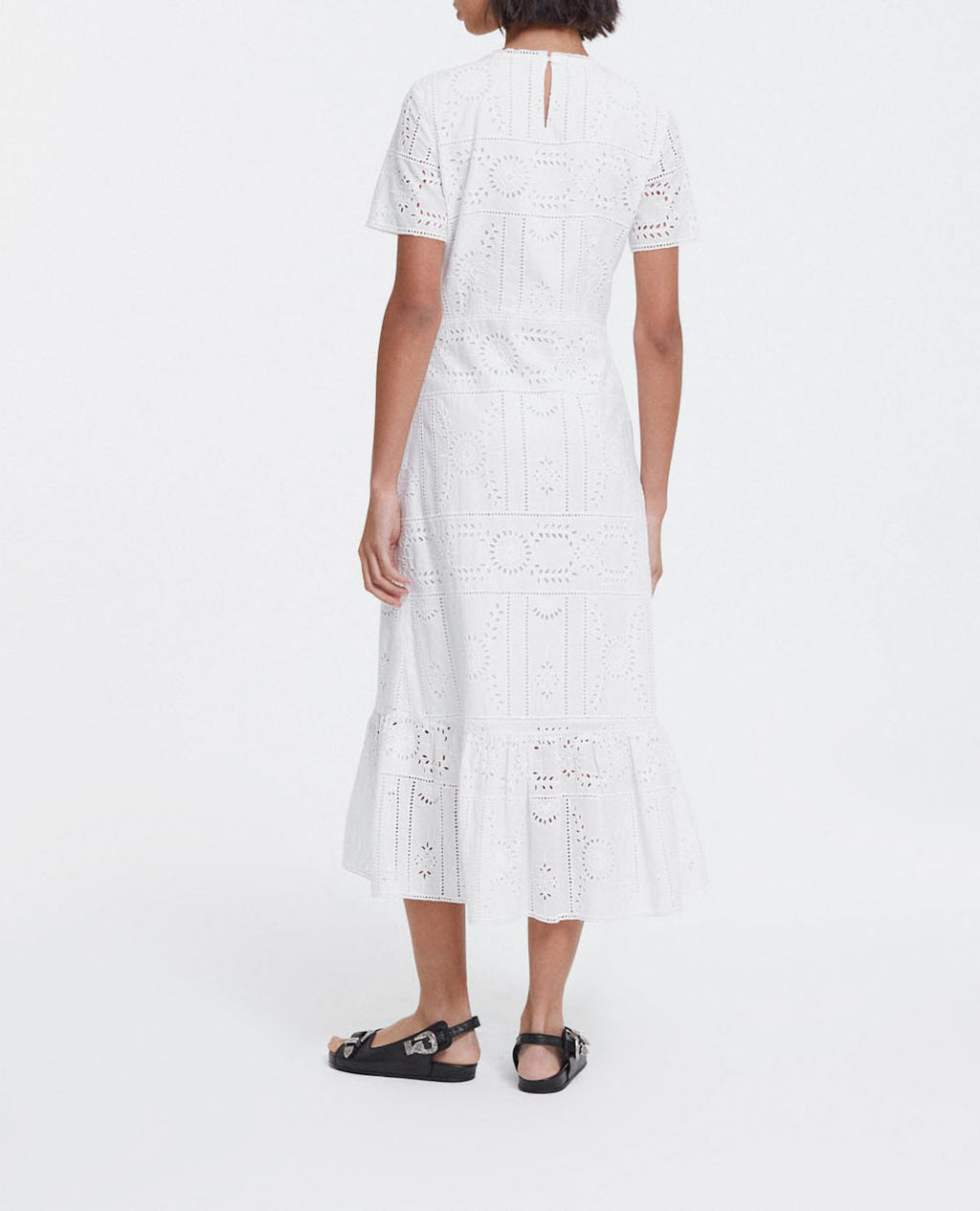 Long White Embroidered Cotton Dress Round Neck - Women