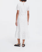 Long White Embroidered Cotton Dress Round Neck - Women