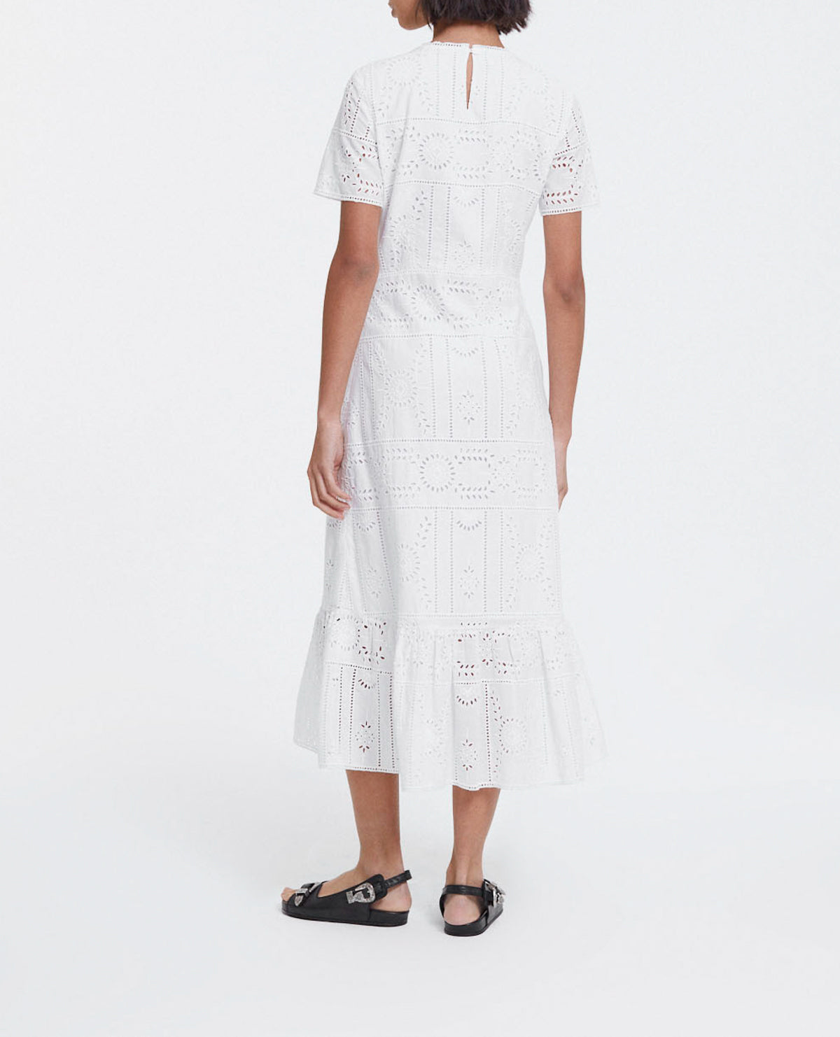 Long White Embroidered Cotton Dress Round Neck - Women